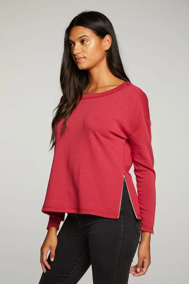 Womens Loungewear Chaser Brand Slub French Terry Long Sleeve Open Neck Pullover with Zippers