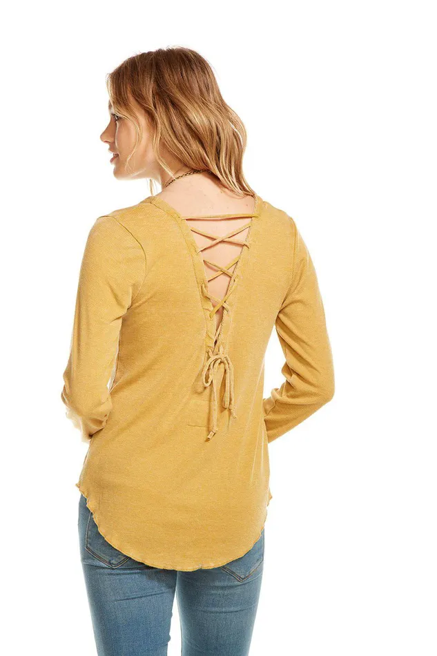 Womens Loungewear Chaser Brand VINTAGE RIB LS LACE BACK SHIRTTAIL TEE