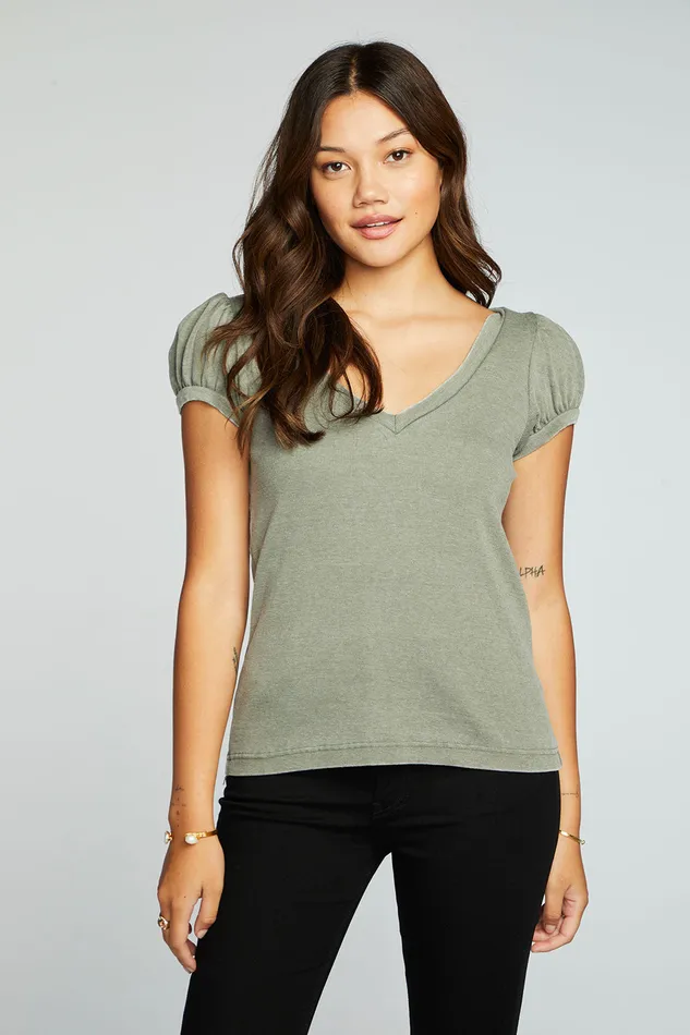 Womens Tops Chaser Brand Recycled Vintage Rib Deep V Puff Sleeve Tee