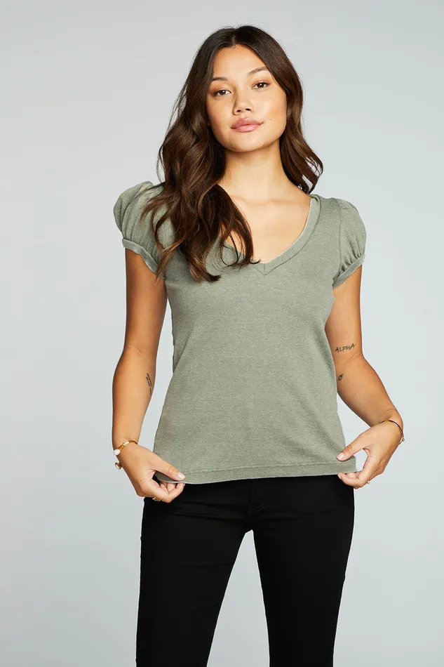 Womens Tops Chaser Brand Recycled Vintage Rib Deep V Puff Sleeve Tee