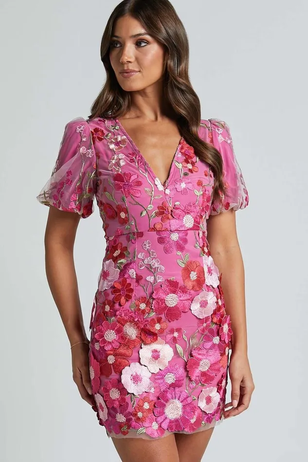 Wren Mini Dress 8211 Puff Sleeve Bodycon 3d Garden Flowers Dress In Magenta Women Showpo Dresses