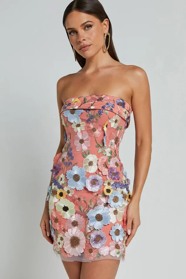 Wren Mini Dress 8211 Strapless Bodycon Garden Flowers Dress In Orange Women Showpo Dresses