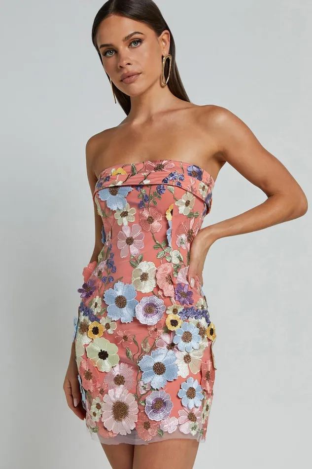Wren Mini Dress 8211 Strapless Bodycon Garden Flowers Dress In Orange Women Showpo Dresses