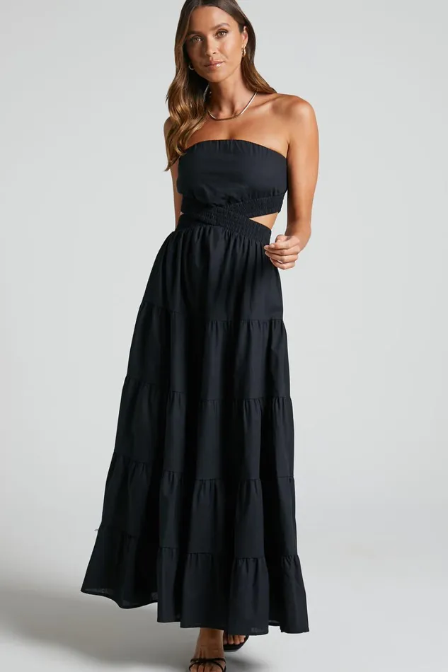 Xiomara Maxi Dress 8211 Strapless Cut Out Tiered Dress In Black Women Showpo Conscious