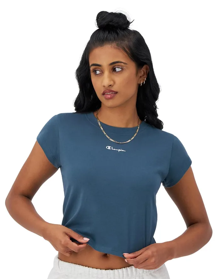 Y2K TShirt Classic Script Metallic Teal Women Champion TShirts and Tops