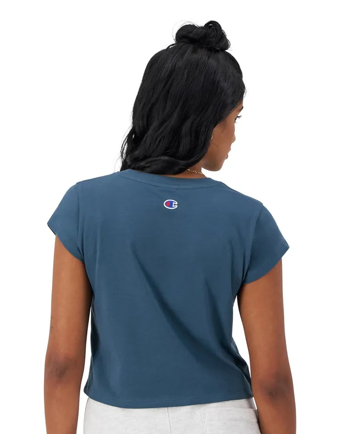Y2K TShirt Classic Script Metallic Teal Women Champion TShirts and Tops