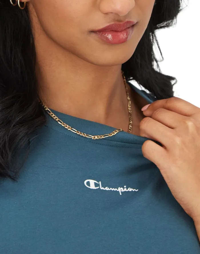 Y2K TShirt Classic Script Metallic Teal Women Champion TShirts and Tops