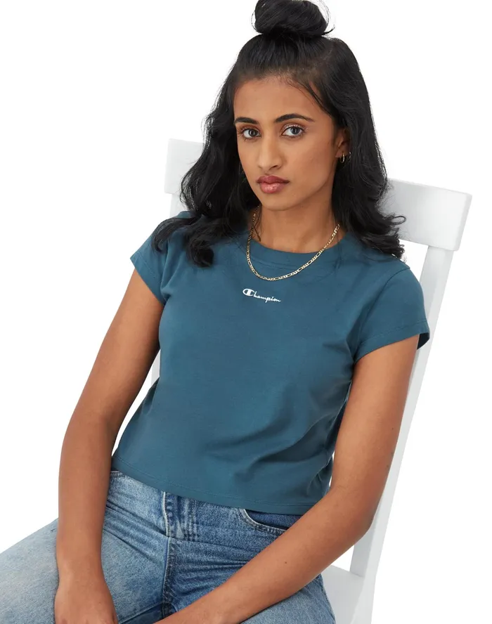Y2K TShirt Classic Script Metallic Teal Women Champion TShirts and Tops