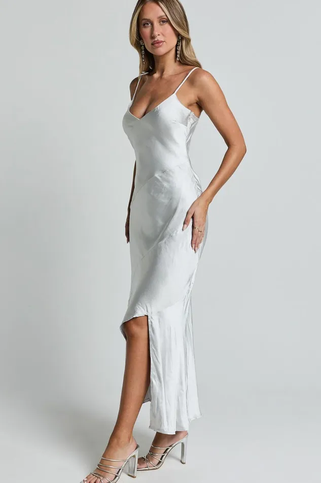 Ylona Maxi Dress 8211 Asymmetric Draped Bias Cut Satin Slip Dress In Oyster Women Showpo Dresses
