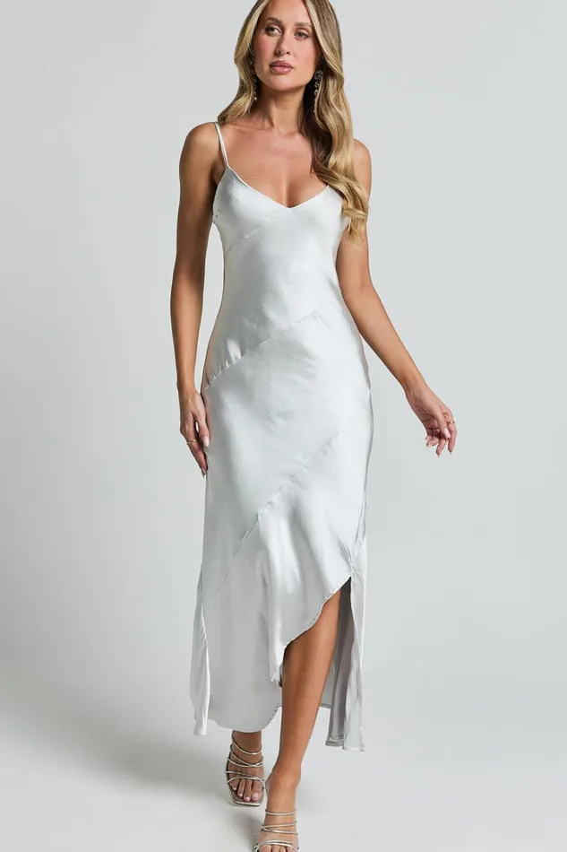 Ylona Maxi Dress 8211 Asymmetric Draped Bias Cut Satin Slip Dress In Oyster Women Showpo Dresses