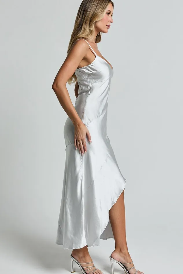 Ylona Maxi Dress 8211 Asymmetric Draped Bias Cut Satin Slip Dress In Oyster Women Showpo Dresses