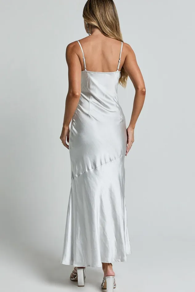 Ylona Maxi Dress 8211 Asymmetric Draped Bias Cut Satin Slip Dress In Oyster Women Showpo Dresses