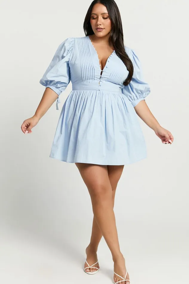 Zandra Mini Dress 8211 Puff Sleeve Poplin Dress In Icy Blue Women Showpo Curve Clothes