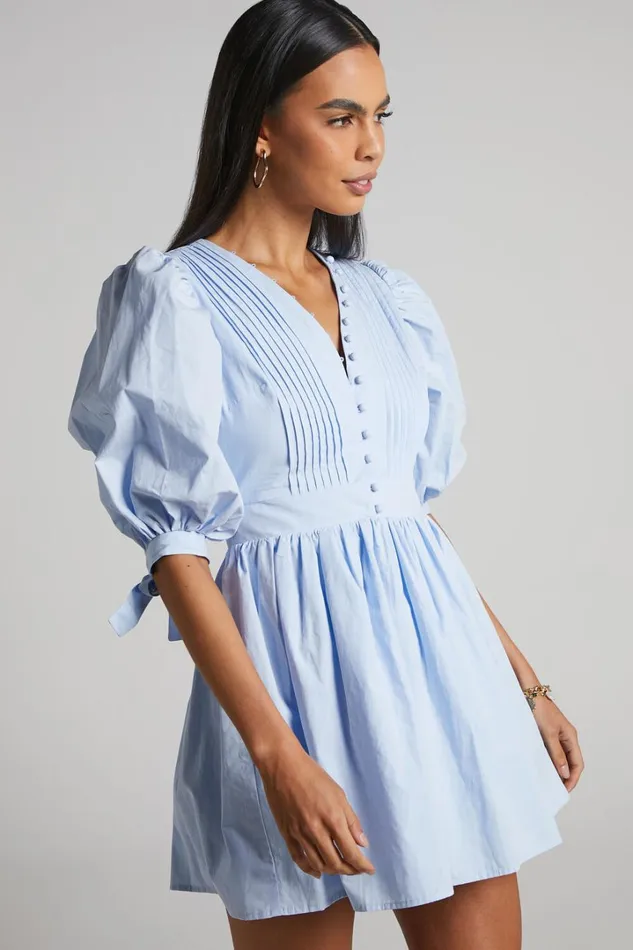 Zandra Mini Dress 8211 Puff Sleeve Poplin Dress In Icy Blue Women Showpo Curve Clothes