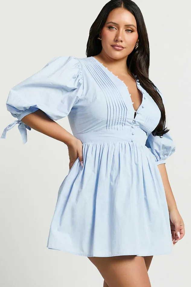 Zandra Mini Dress 8211 Puff Sleeve Poplin Dress In Icy Blue Women Showpo Curve Clothes
