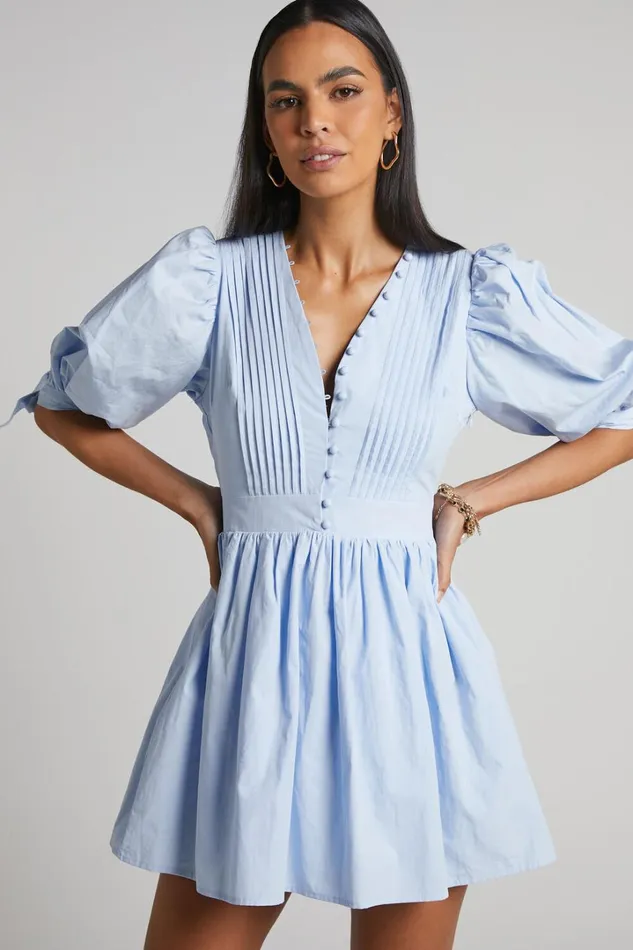 Zandra Mini Dress 8211 Puff Sleeve Poplin Dress In Icy Blue Women Showpo Curve Clothes