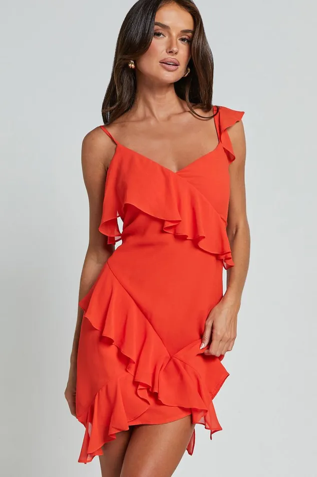 Zaria Mini Dress 8211 Asymmetric Frill Detail Mini Dress In Chili Women Showpo Dresses