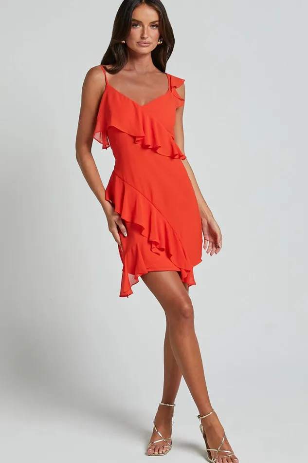 Zaria Mini Dress 8211 Asymmetric Frill Detail Mini Dress In Chili Women Showpo Dresses