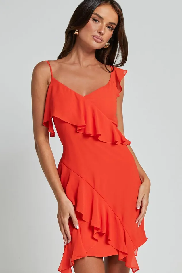 Zaria Mini Dress 8211 Asymmetric Frill Detail Mini Dress In Chili Women Showpo Dresses