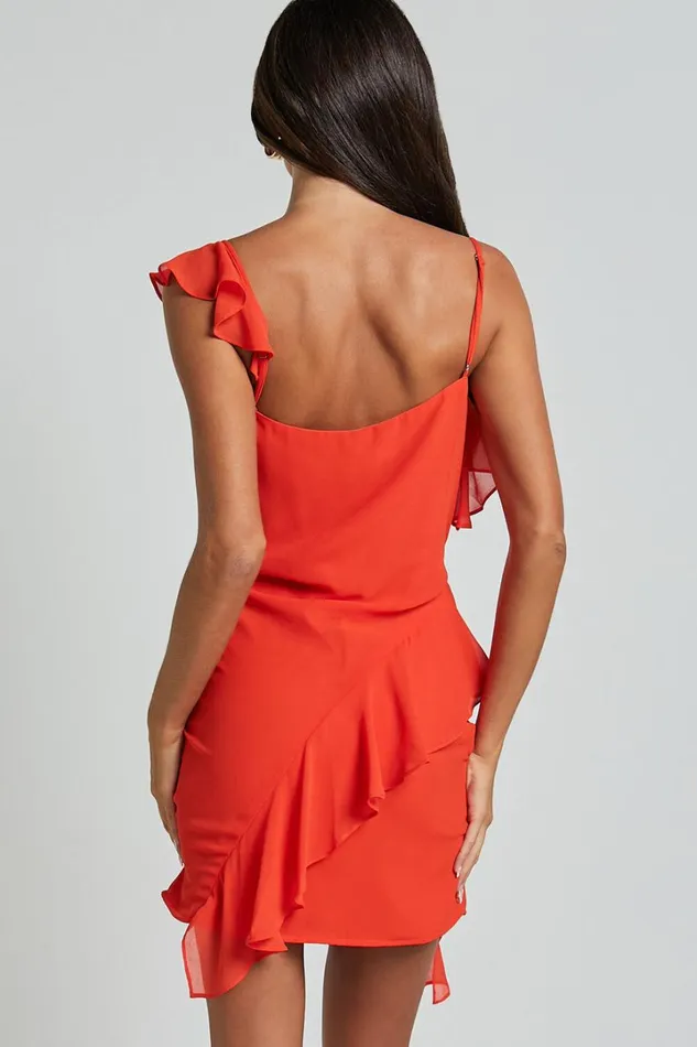 Zaria Mini Dress 8211 Asymmetric Frill Detail Mini Dress In Chili Women Showpo Dresses