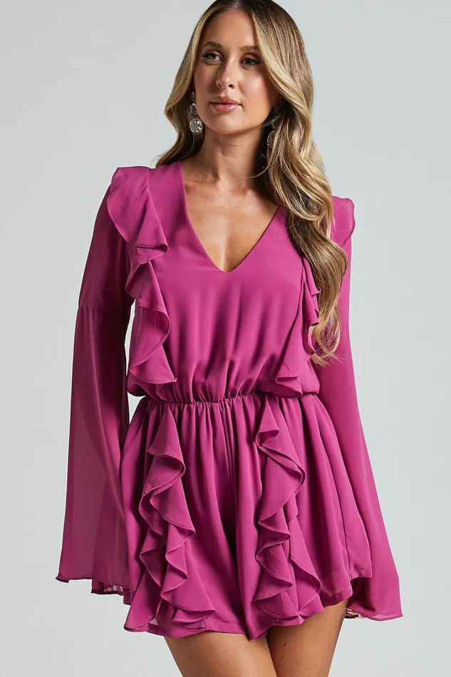 Zella Playsuit 8211 Plunge Ruffle Detail Long Sleeve In Grape Women Showpo Rompers