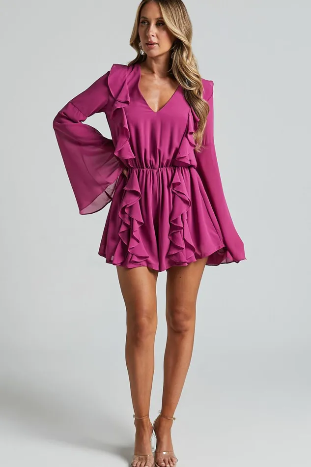 Zella Playsuit 8211 Plunge Ruffle Detail Long Sleeve In Grape Women Showpo Rompers