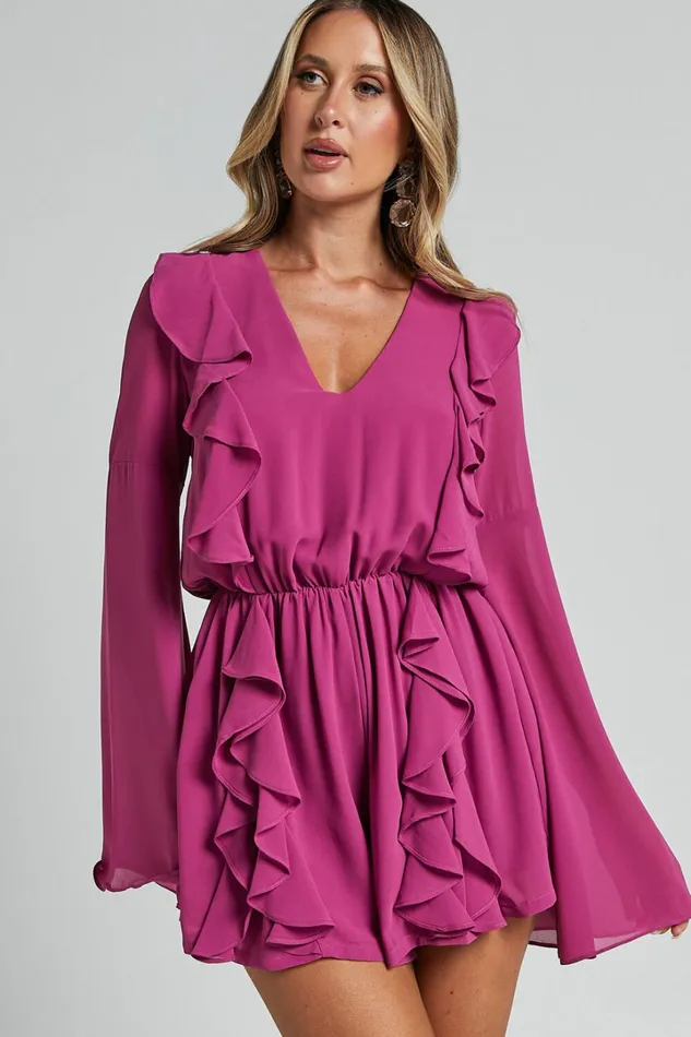 Zella Playsuit 8211 Plunge Ruffle Detail Long Sleeve In Grape Women Showpo Rompers