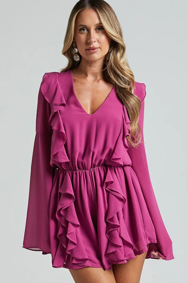 Zella Playsuit 8211 Plunge Ruffle Detail Long Sleeve In Grape Women Showpo Rompers