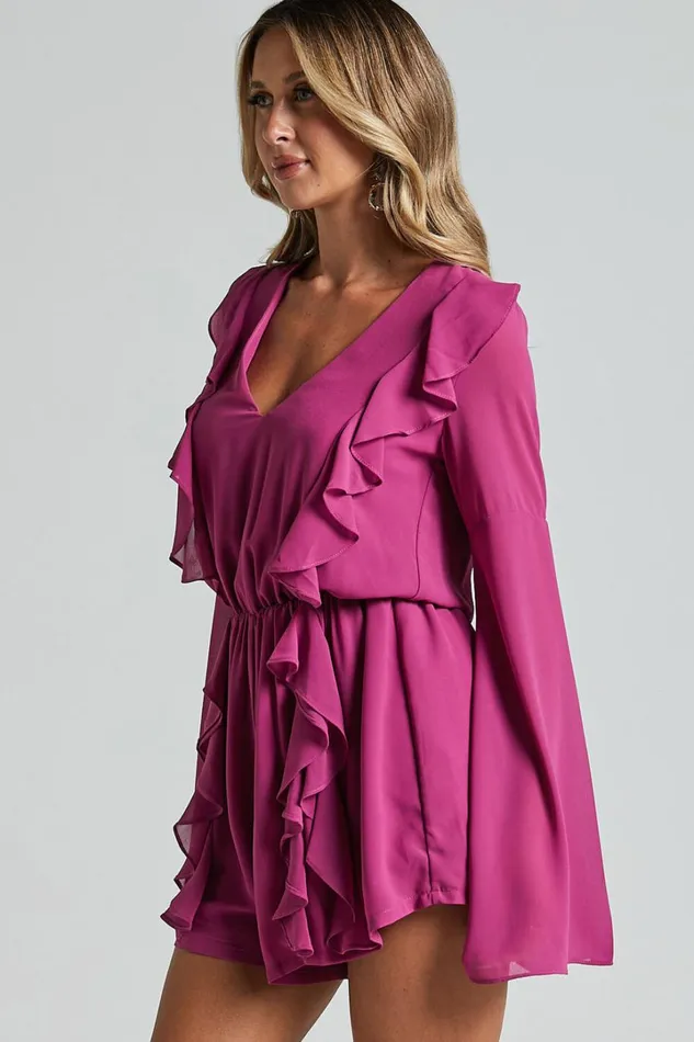 Zella Playsuit 8211 Plunge Ruffle Detail Long Sleeve In Grape Women Showpo Rompers