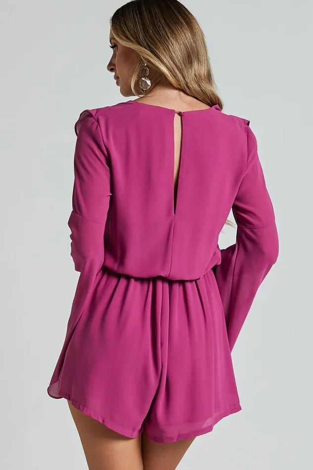 Zella Playsuit 8211 Plunge Ruffle Detail Long Sleeve In Grape Women Showpo Rompers