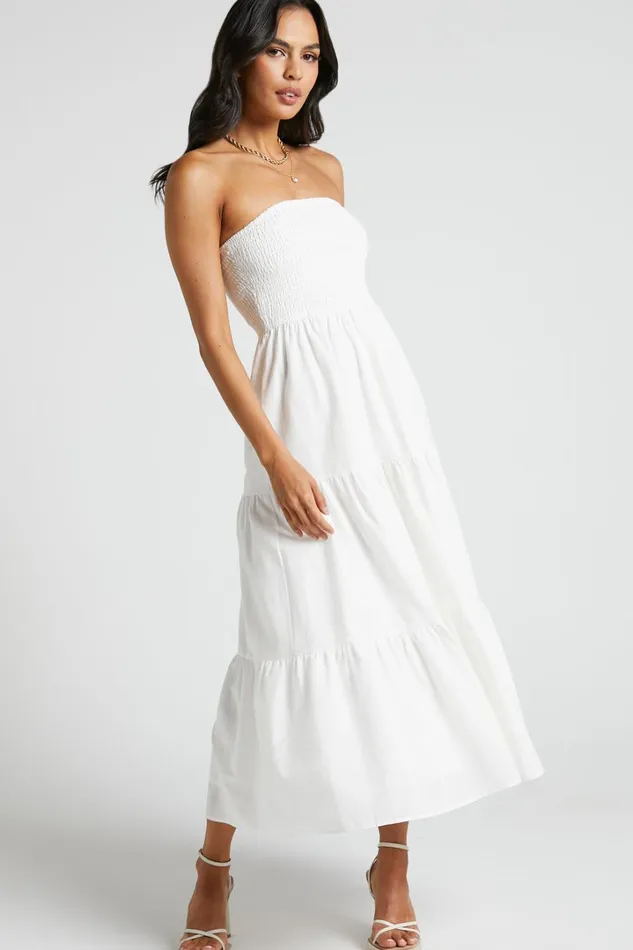 Zoe Midi Dress 8211 Strapless Shirred Bodice Tiered Dress In White Women Showpo Conscious