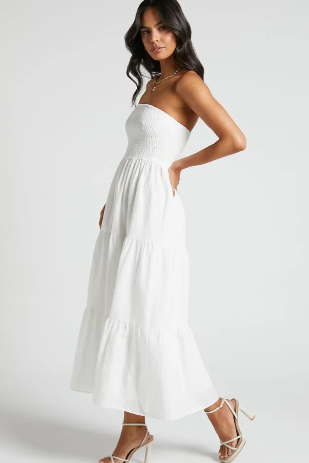 Zoe Midi Dress 8211 Strapless Shirred Bodice Tiered Dress In White Women Showpo Conscious