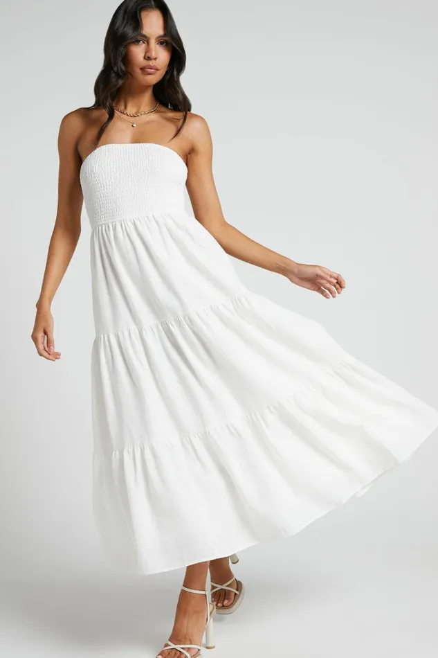 Zoe Midi Dress 8211 Strapless Shirred Bodice Tiered Dress In White Women Showpo Conscious