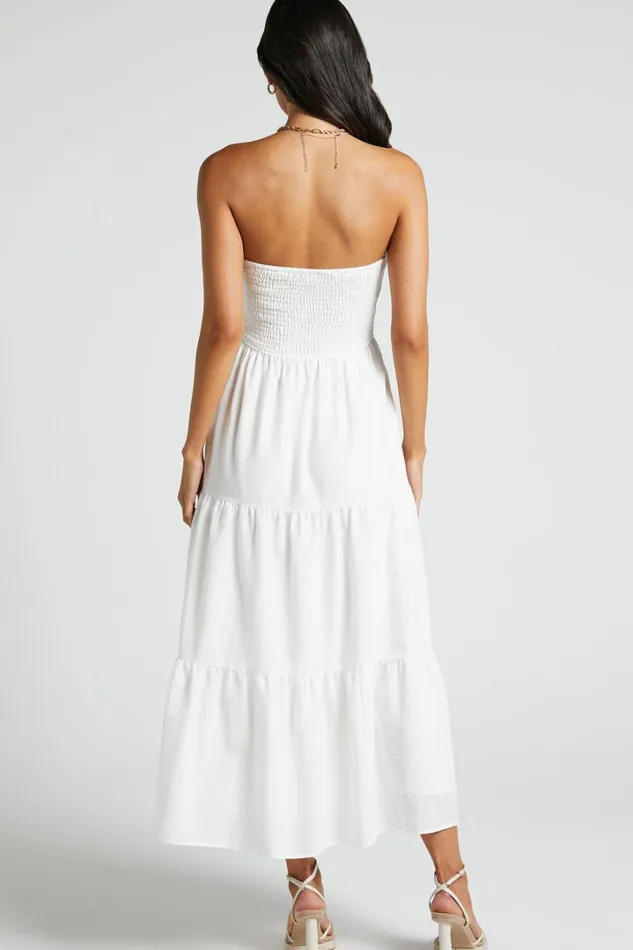 Zoe Midi Dress 8211 Strapless Shirred Bodice Tiered Dress In White Women Showpo Conscious