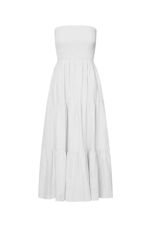 Zoe Midi Dress 8211 Strapless Shirred Bodice Tiered Dress In White Women Showpo Conscious